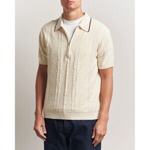 NN07 Polo Shirt Mens Medium Cream Half Zip Cotton Knit Contrast Trim GUSTAV $230